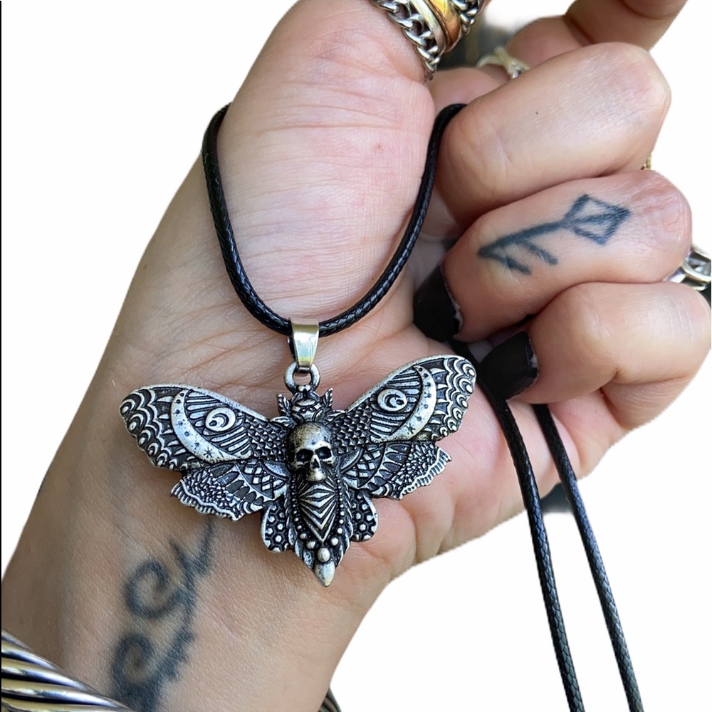 Moth with moon and skull design pewter necklace on leather cord boho goth - Picture 2 of 15